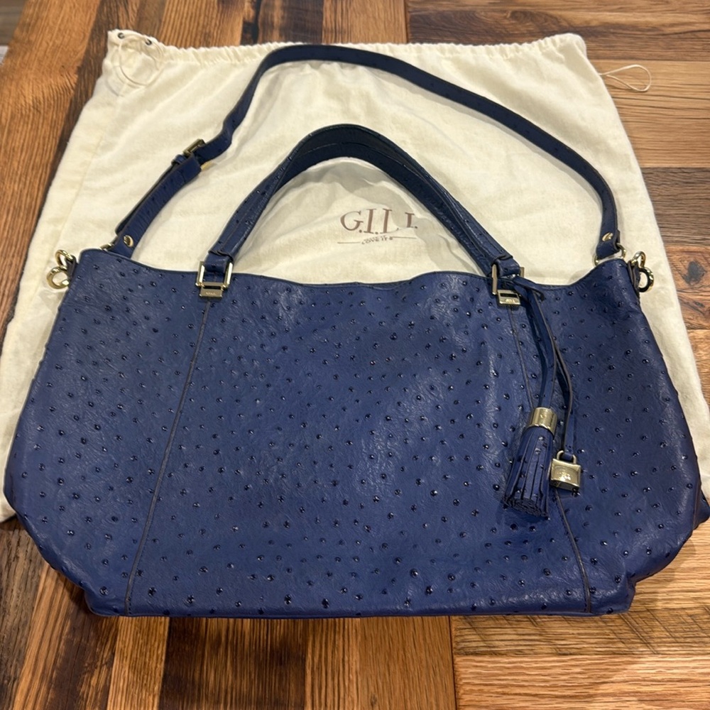 G.I.L.I. Blue Leather Shoulder Bag with Adjustable Strap/Gold Hardware